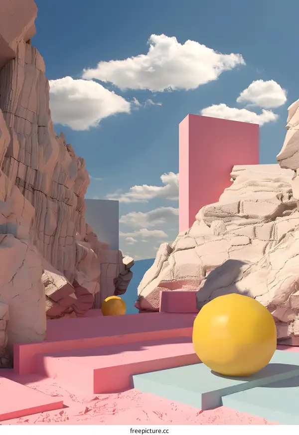 Abstract 3D Illustration of Pink and Yellow Geometric Shapes in a Rocky Landscape