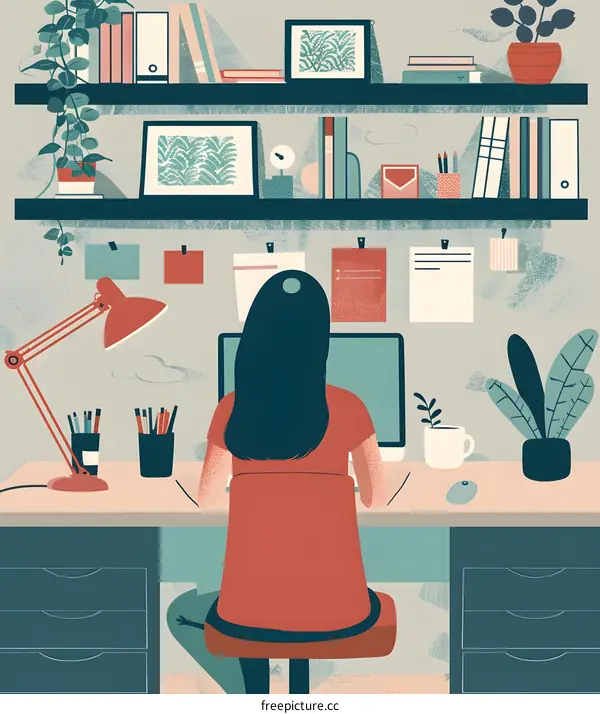 Woman Sitting At Desk Working on Computer