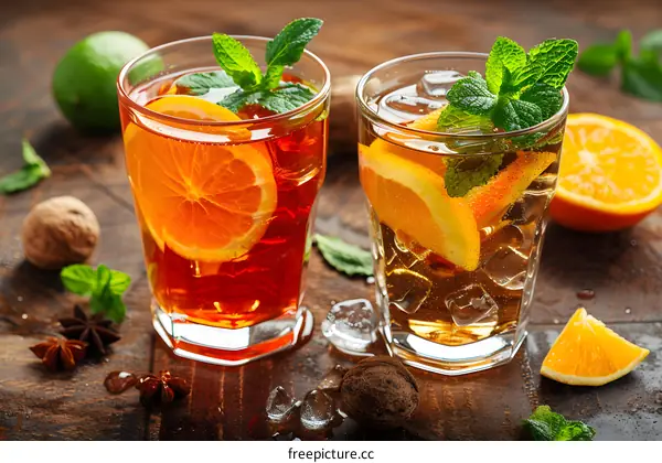 Two glasses of iced tea with orange slices and mint