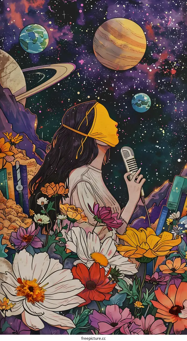 Woman Singing in Cosmic Garden