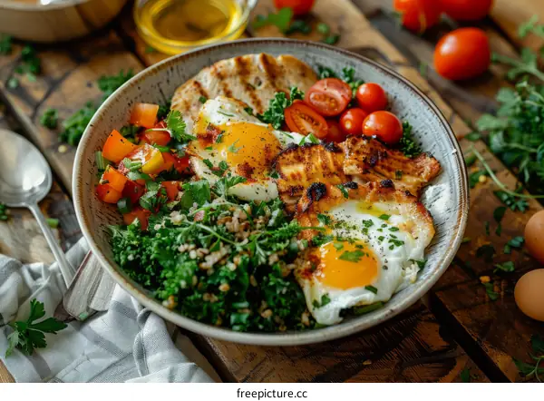 Healthy Breakfast Bowl with Eggs, Bacon, Tomatoes, Greens, and More