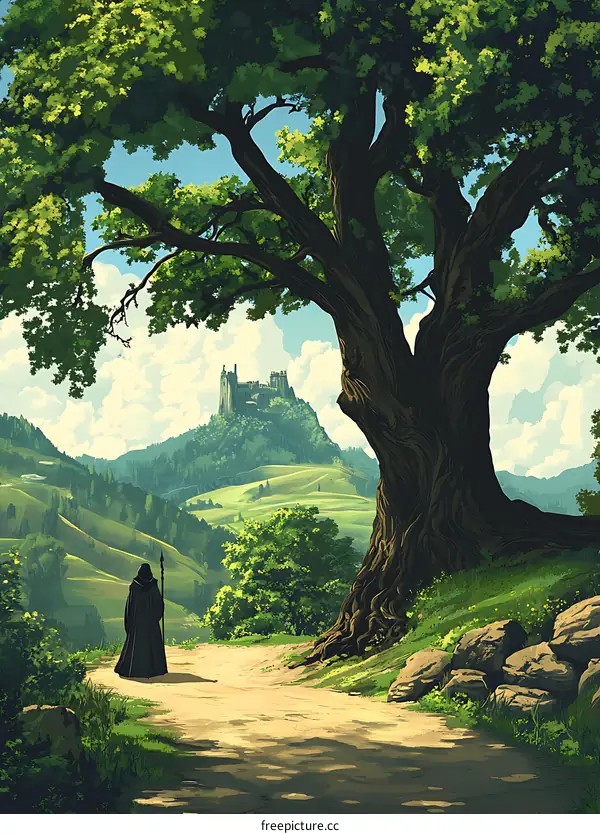 Fantasy Landscape with a Castle in the Distance and a Person Standing on a Path