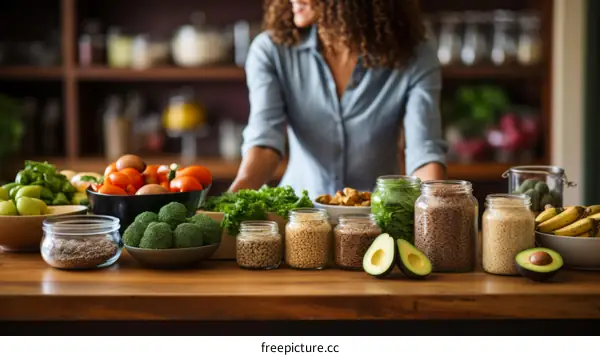 A woman standing in a kitchen surrounded by healthy food