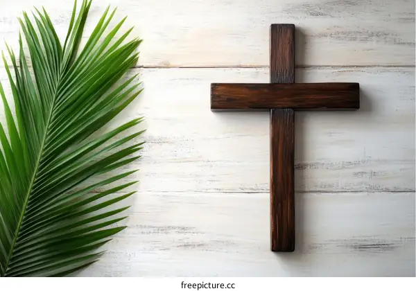 Palm Leaf and Wooden Cross on White Wooden Background
