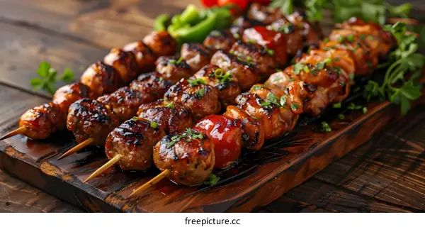 meatballs and sausages on wooden skewers