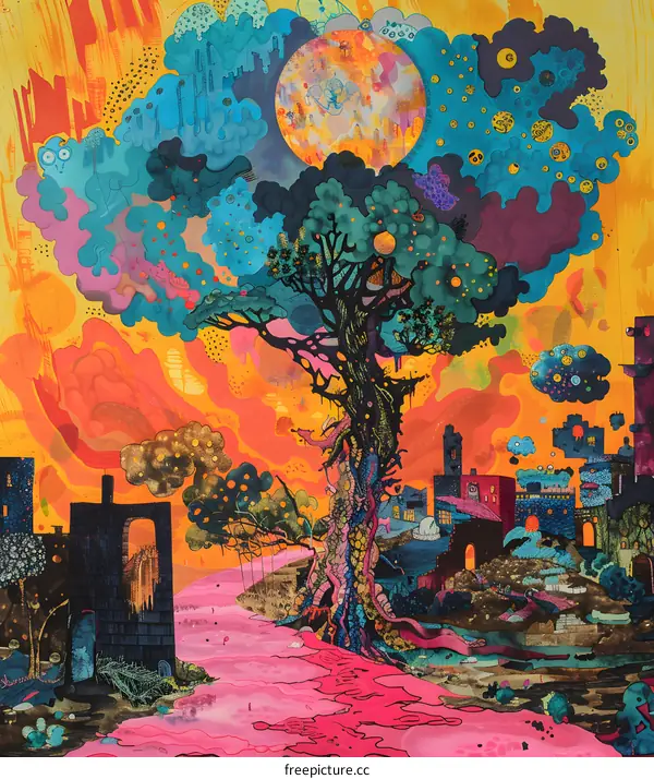 Surreal Dreamscape With A Giant Tree And A City