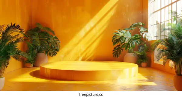 Stylish Yellow Display Podium with Tropical Plants