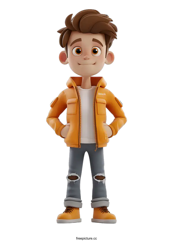 [Transparent Background PNG]Smiling Cartoon Boy Wearing Orange Jacket and Jeans