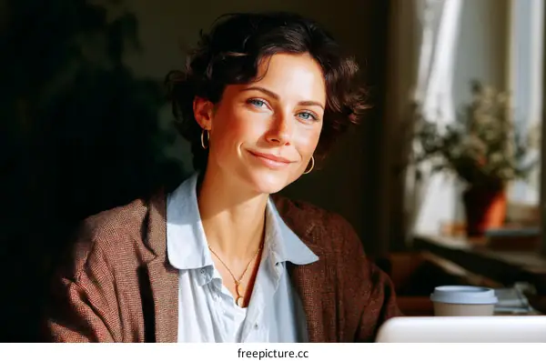 Smiling Woman in a Cafe Setting