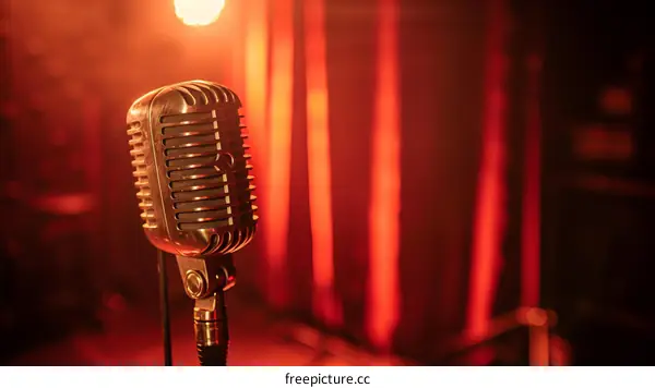 Retro microphone on stage with red curtain background