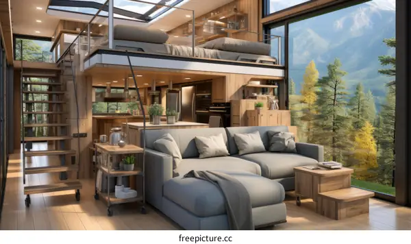 Modern mountain cabin interior living room with large windows