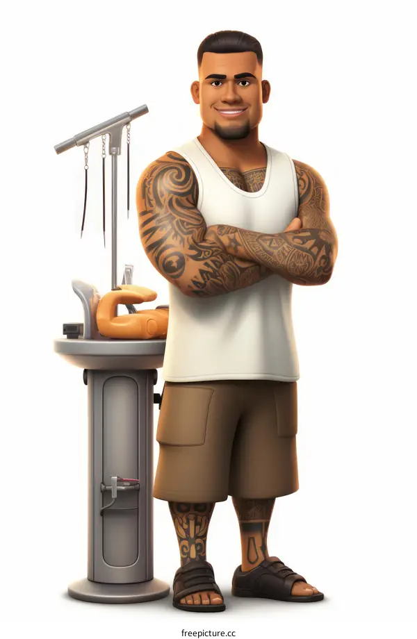 Polynesian man with tattoos standing next to tattoo machine