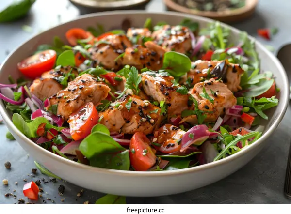 Grilled salmon fillet with fresh salad mix