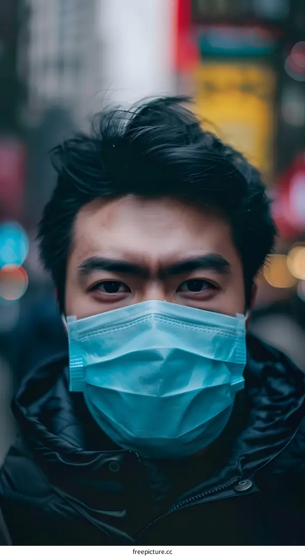 Closeup Portrait of Young Asian Man Wearing a Blue Face Mask