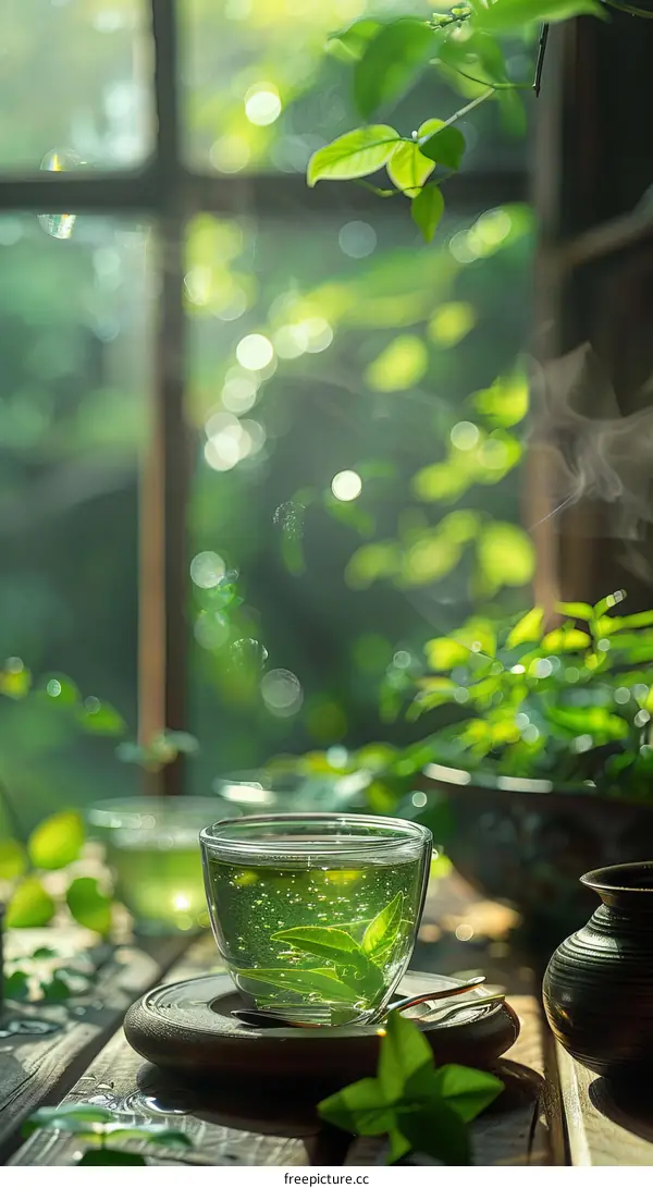 Green Tea Leaves and Glass of Green Tea on a Wooden Table in Sunlight