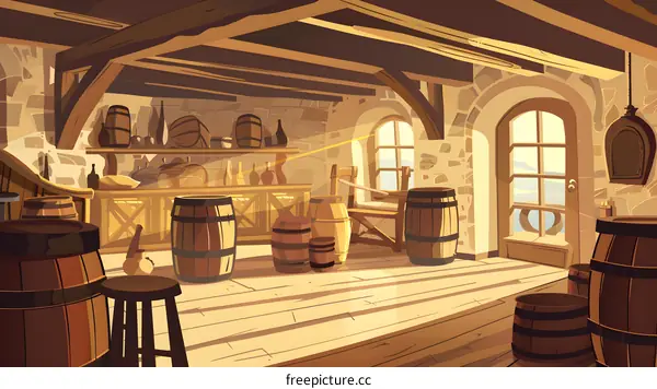 Wooden Interior Design Of A Tavern With Barrels