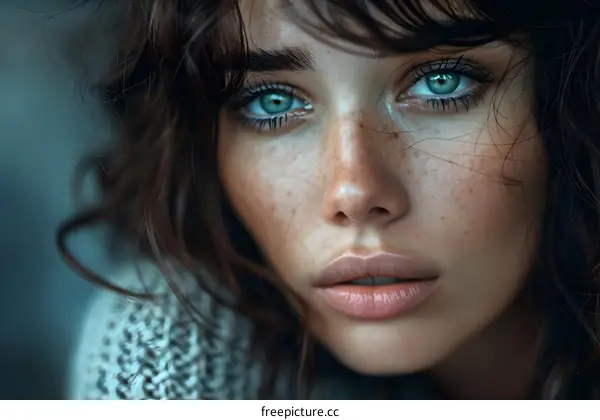 portrait of a beautiful young woman with freckles and green eyes