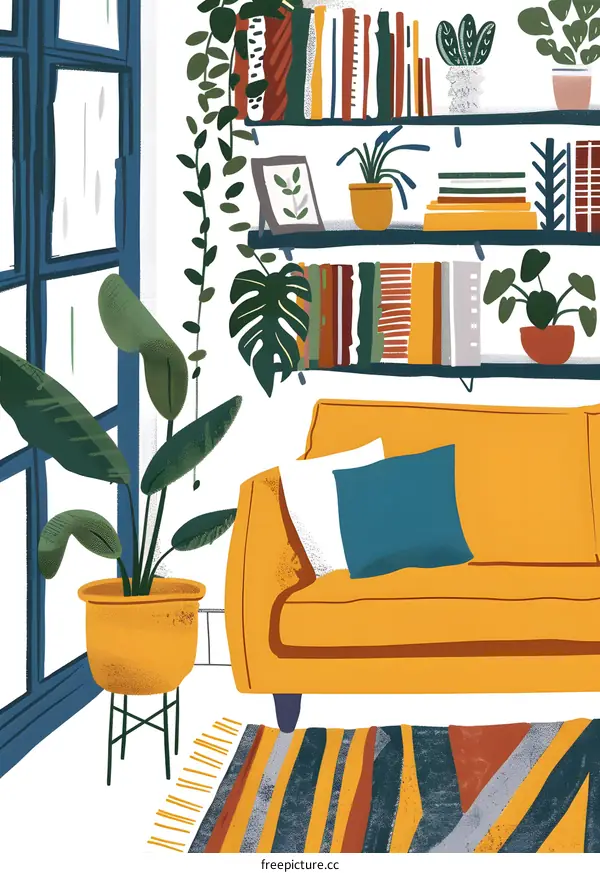 Modern Illustration of Living Room Interior Design with Yellow Sofa and Plants
