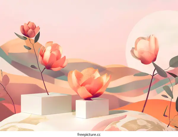Pink Flowers on Abstract Background with White Cubes