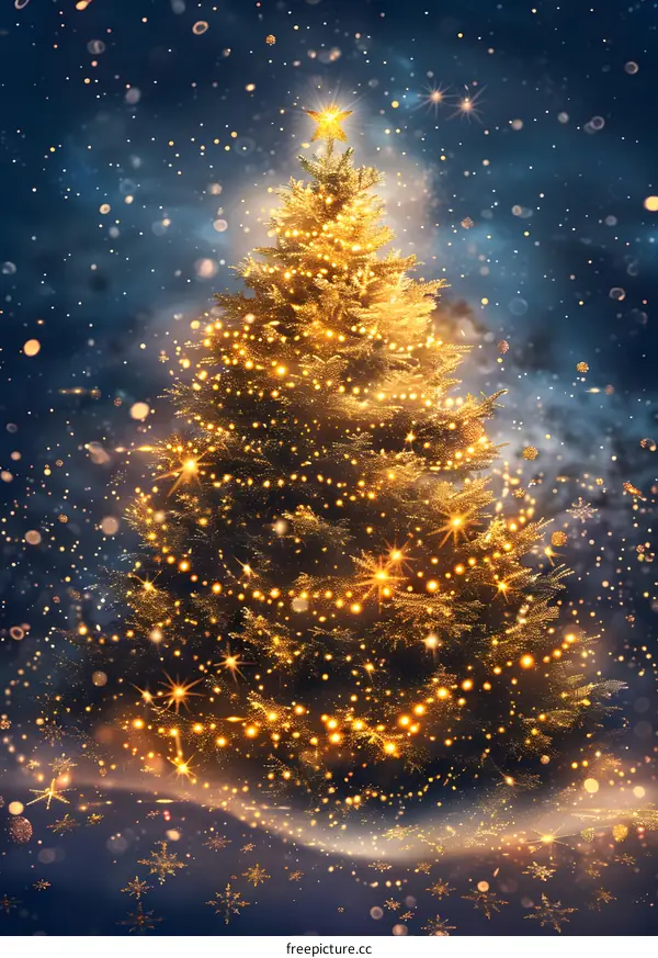 Christmas tree with shining lights and falling snow