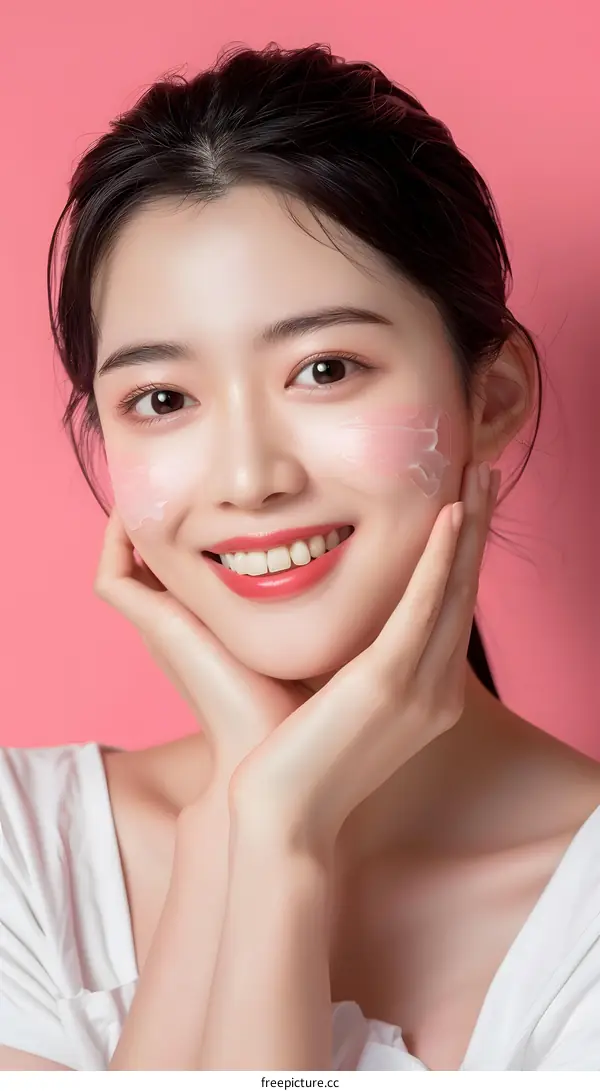 Smiling Asian Woman with Face Cream on Her Cheeks