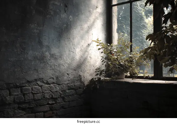 Rustic Wall with Sunlight and Plant at Window