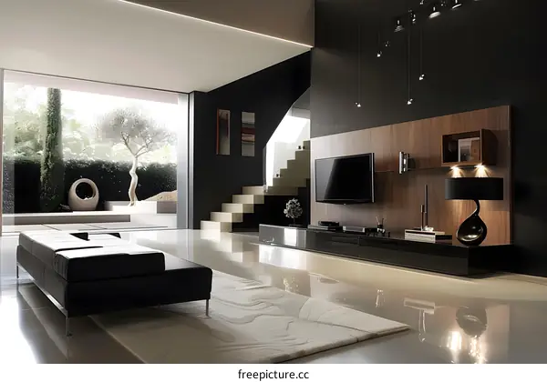 Modern Living Room with Black Leather Sofa and Wood Wall Unit