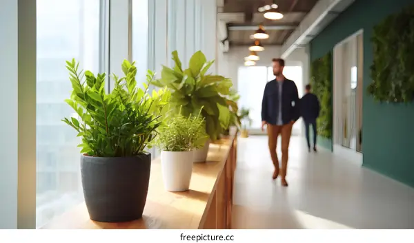 Modern Office Corridor with Plants and People