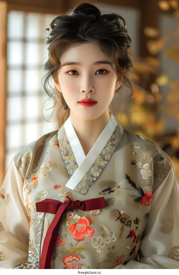Portrait of a young woman in traditional Korean dress, or Hanbok