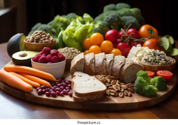 A variety of healthy food on a wooden table