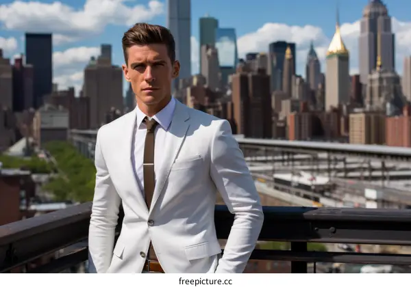 A man in a white suit standing on a rooftop in New York City.