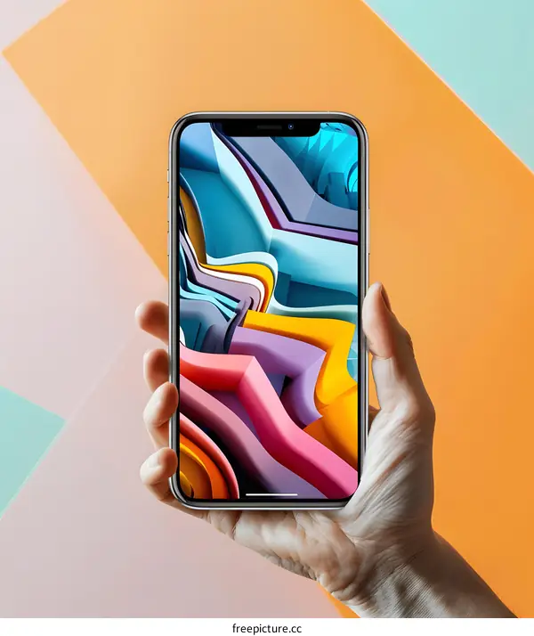 Hand Holding Smartphone with Abstract Art Wallpaper