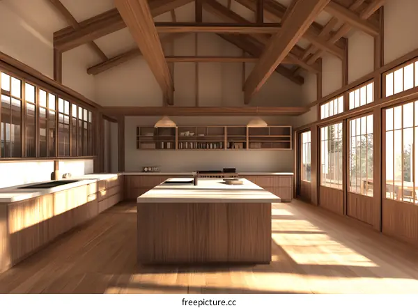 Modern Kitchen Design With Wooden Beams And Large Windows