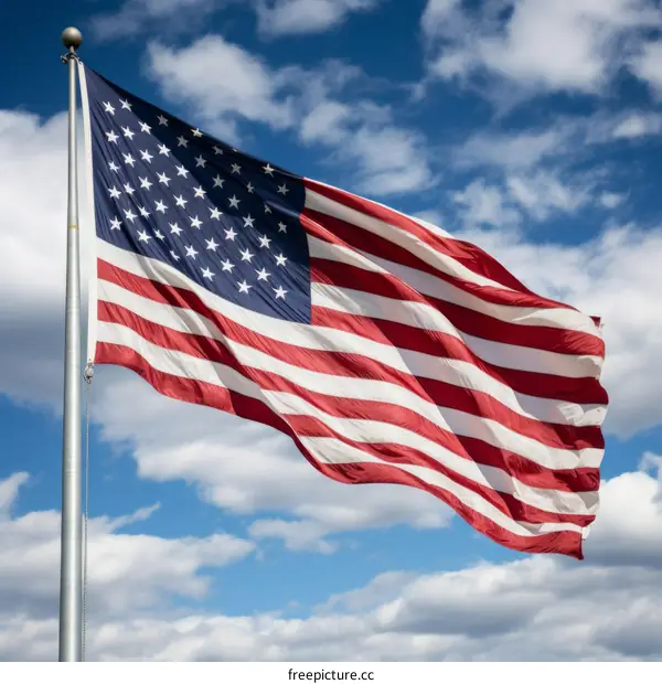 Waving American Flag Against a Blue Sky