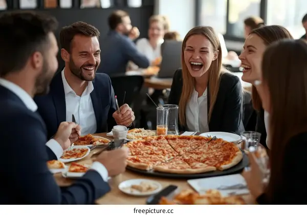 Business colleagues enjoying pizza lunch together