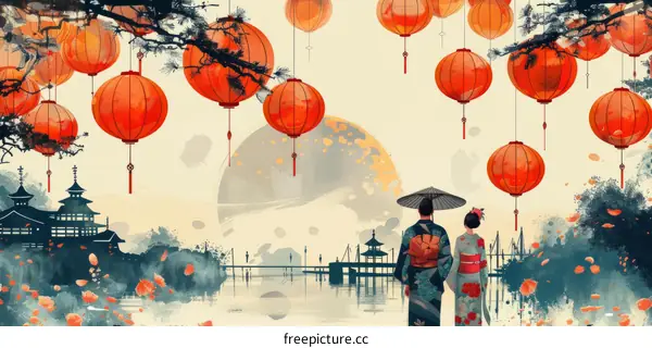 A couple in traditional Japanese clothing walking on a bridge with red lanterns