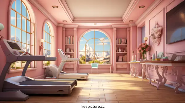 Pink home gym with large windows and a view of the mountains