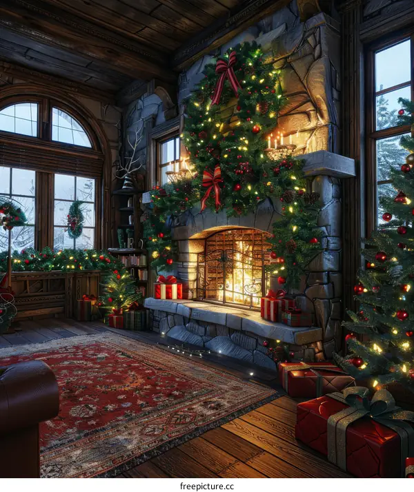 Christmas Tree & Gifts by the Fireplace