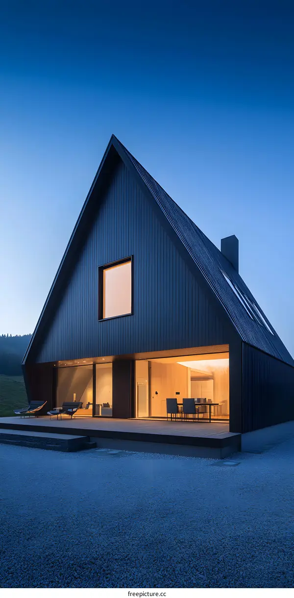 Modern Black House with Large Windows and Gravel Yard