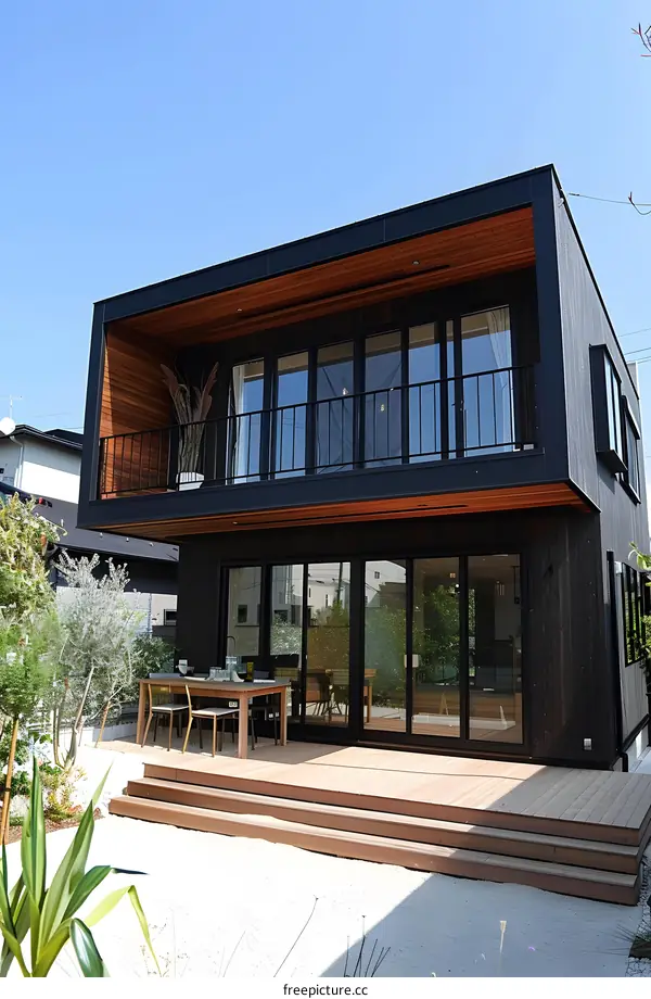 Modern Black Wooden House with Balcony and Patio