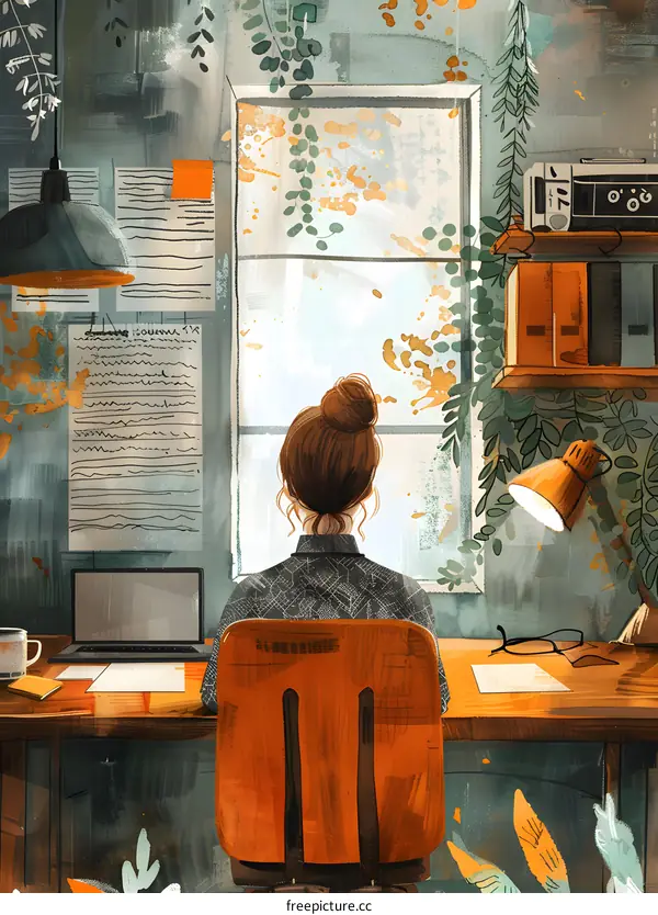 girl sitting on chair in front of desk looking out window