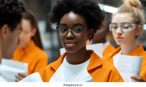 Group of People Wearing Orange Coveralls and Glasses Looking at Blueprints