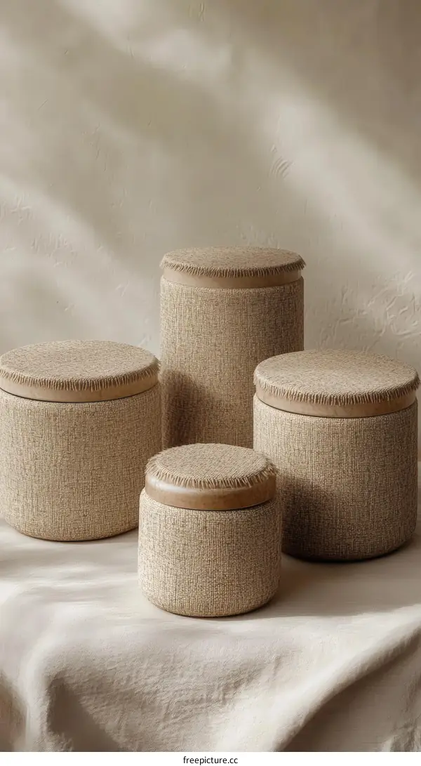 Beige Woven Storage Jars Displayed on a Light Beige Tablecloth