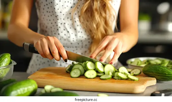 Woman Chopping Cucumber in Kitchen