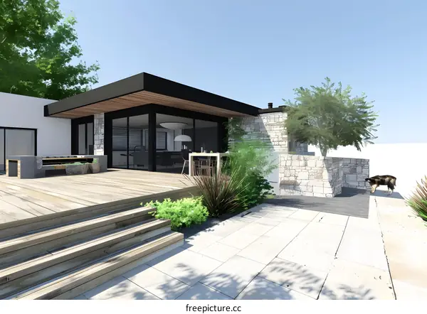 Modern House with Backyard Patio and Stone Wall