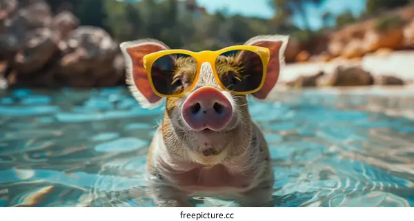 A cute pig wearing sunglasses is swimming in the water