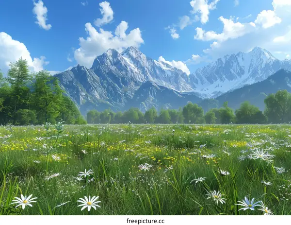 Alpine meadow with snow capped mountains in the distance