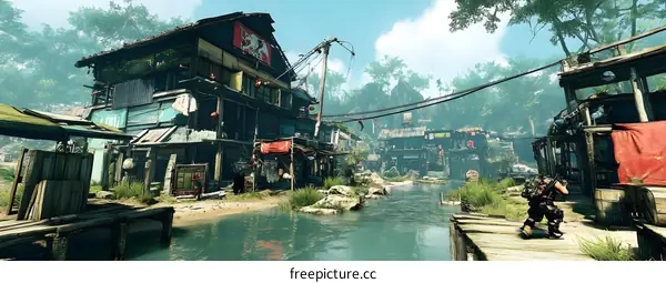 Jungle Village with River and One Person