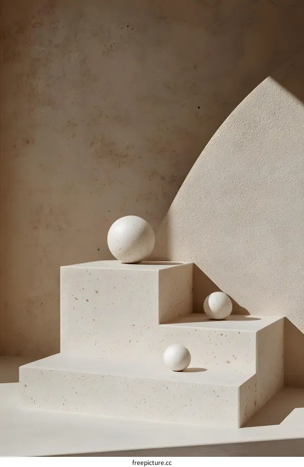 Three White Spheres on Stone Steps Minimalist Abstract Background