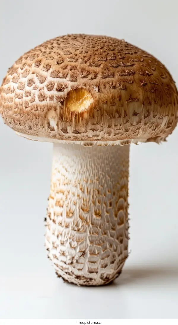 Close-up photo of a large brown mushroom with a white background